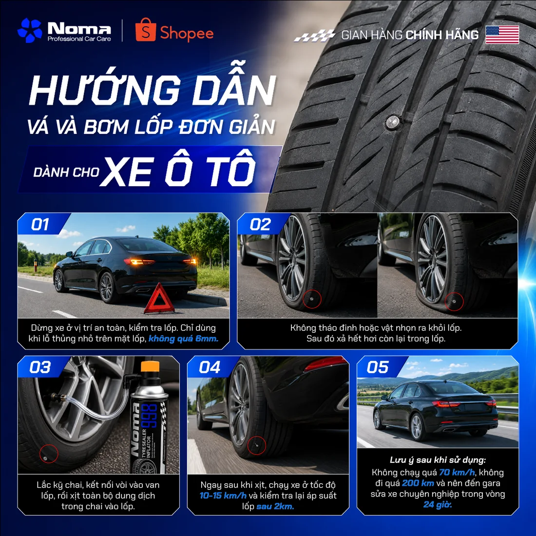 Hướng dẫn vá và bơm lốp ô tô bằng NOMA 998