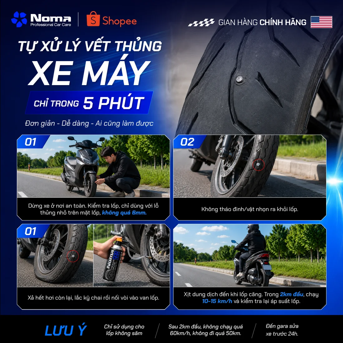 Hướng dẫn vá và bơm lốp xe máy bằng NOMA 998
